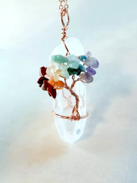 Clear Crystal Tree Of Life 7 Chakra Pendant Copper Wire Wrap Gemstone Necklace