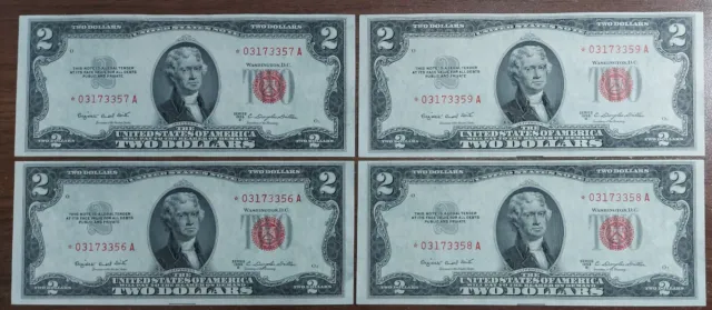 Lot 4 Pcs 1953 consective Two Dollar Bill Red Seal CU $2 Note 1953 UNC