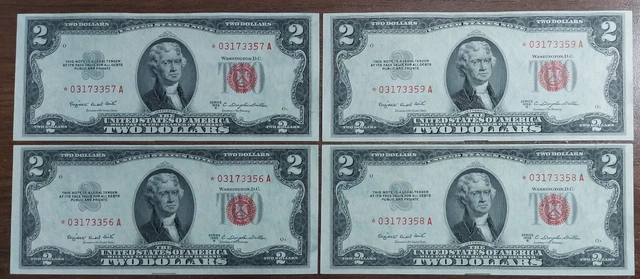 Lot 4 Pcs 1953 consective Two Dollar Bill Red Seal CU $2 Note 1953 UNC