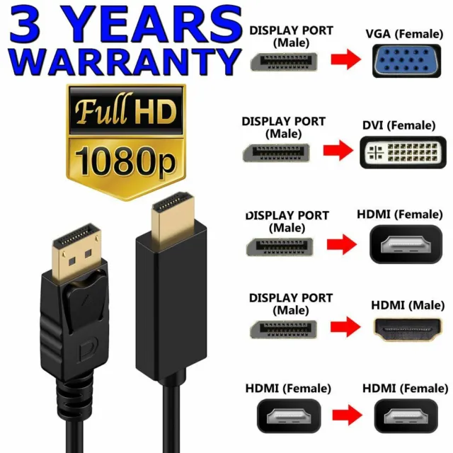 DisplayPort DP Male to VGA DVI HDMI Female Display Port Adapter Cable 1080P HDTV
