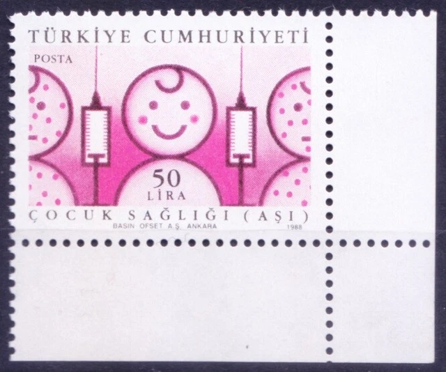 Turkey 1988 MNH Error Missing Colours, Medicine, Immunization, Corner stamp