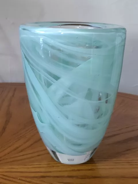 Kosta Boda "Atoll" Art Glass Vase Aqua Swirl 8"Heavy Designed By Anna Ehrner