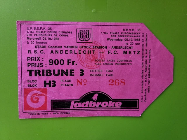 Billet De Match 1978 - Autriche Vienne Vs RSC Anderlecht - Finale Coupe D'Europe