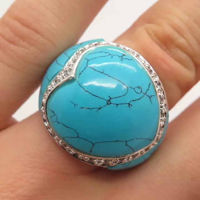 925 Sterling Silver Vintage Real Turquoise Gem & C Z Wide Ring Size 6.25