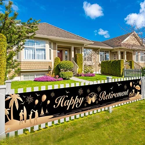 DPKOW Happy Retirement Party Decorations Retirement Banner Black Gold Large P...