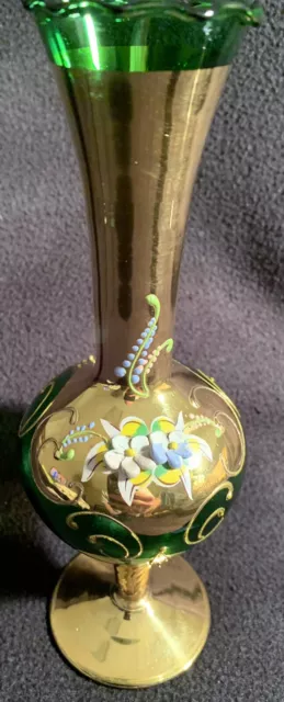Vintage Bohemian Czech Art Green Gold Glass Hand Painted Floral Moriage 9" Vase
