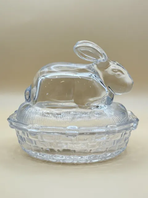 Glass Bunny Rabbit on Basket Weave Nest Clear Covered Candy Dish Vintage Easter