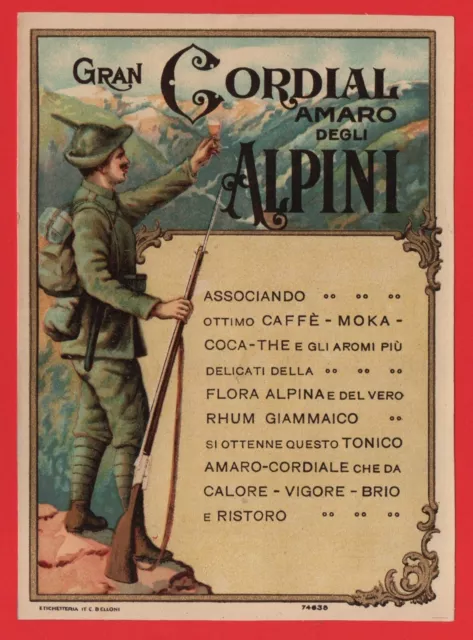 Etichetta D'epoca Liquore Gran Cordial Amaro Degli Alpini N°106 Vintage