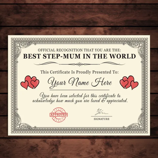 Personalised 'Best Step-Mum In The World' Certificates Gift/Print