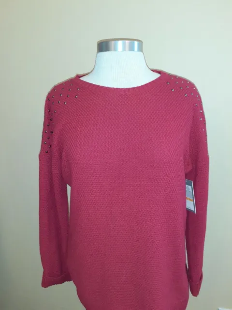 NWT CHAUS NEW YORK Women's Long Sleeve Red Sweater w/ beading on shoulder small