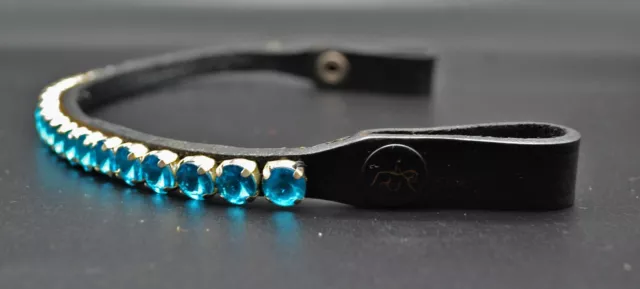 Diamante Horse Bridle Brow Band Blue 10mm Crystal Black Leather