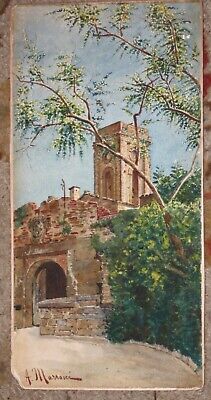 19th Century Watercolor Landscape by A. Marrani-Italian,Tuscan Bell Tower 13x6