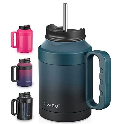 CIVAGO 50 oz Insulated Water Bottle Jug with Handle and Straw Large Metal Spo...