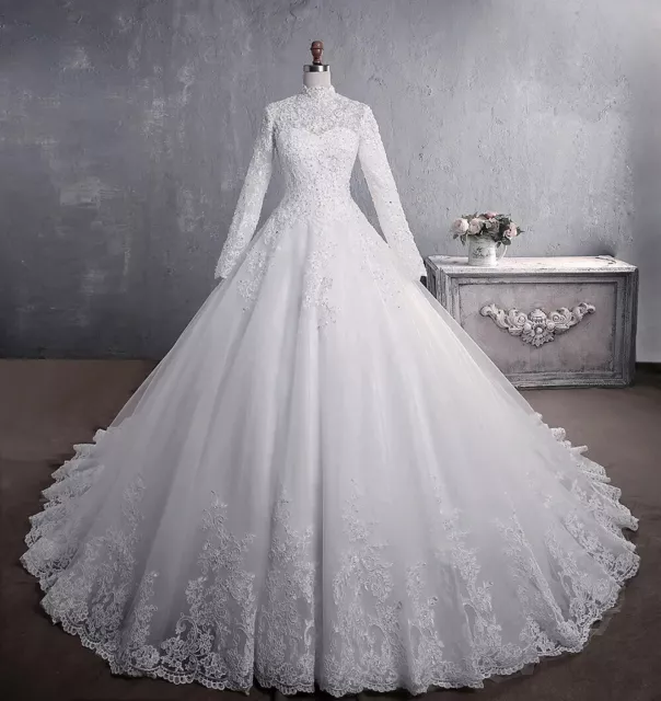 Elegant Muslim Wedding Dress High Neck Long Sleeves Lace Embroidery Bridal Gowns 2