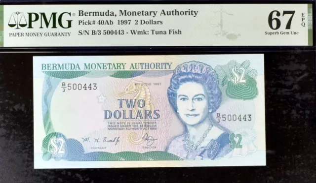 Bermuda 2 Dollars Pick# 40Ab 1997 PMG 67 EPQ Superb Gem Unc banknote