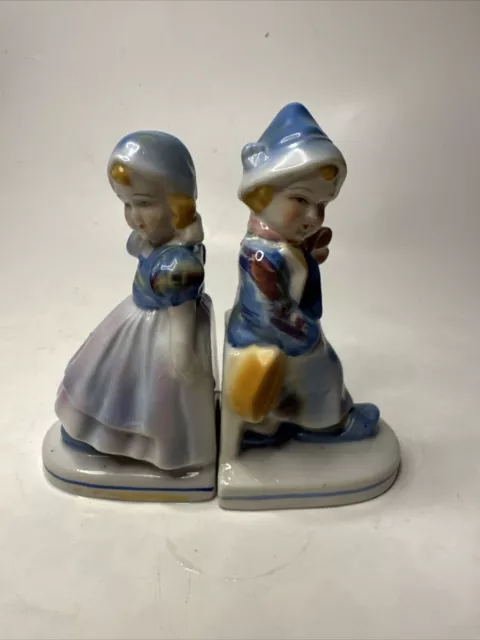 Vintage Dutch Boy & Girl Ceramic Porcelain Figures "Bookends" Painted AS IS