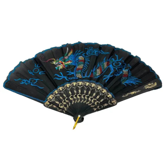 Black Silk Oriental Feng Shui Wall Fan Multicolor Embroidered Dragon Blue Trim