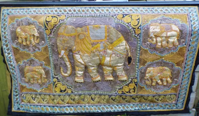 Fine Vintage Burmese Kalaga Wall Tapestry Bead Glass Sequins Elephant Embroidery