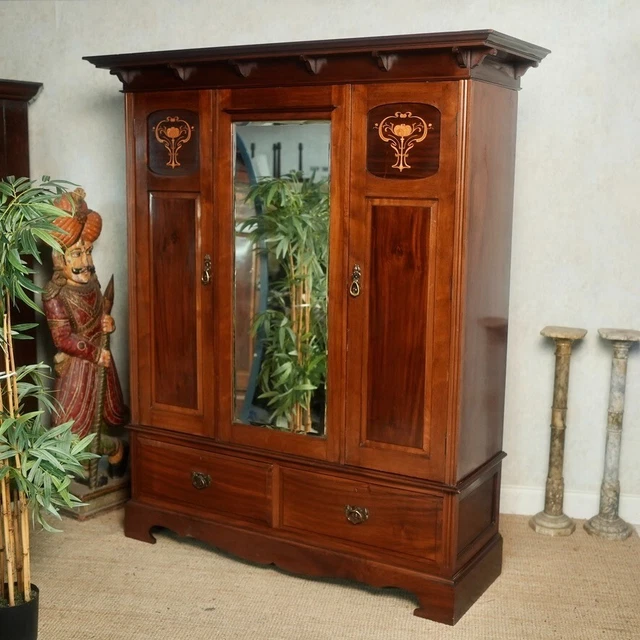 Antique Wardrobe Mahogany Triple Compactum Edwardian Mirrored Inlaid
