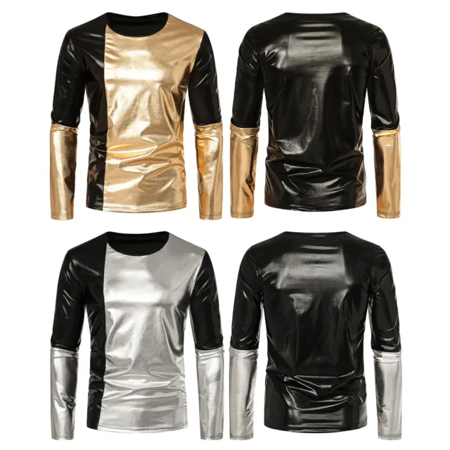 Mens Clubwear Fashion T-shirt Disco Tops Stretchy Tee Top Round Neck Shiny