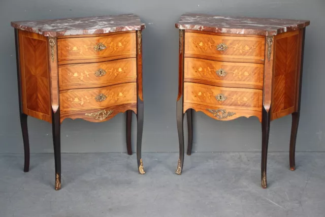 Antique Rare pair French marquetry Bedside chests of drawers marble top ormolu 2