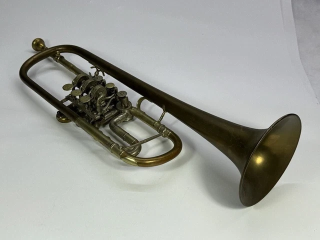 altes BLECHBLASINSTRUMENT DREHVENTIL TROMPETE Messing Blasinstrument