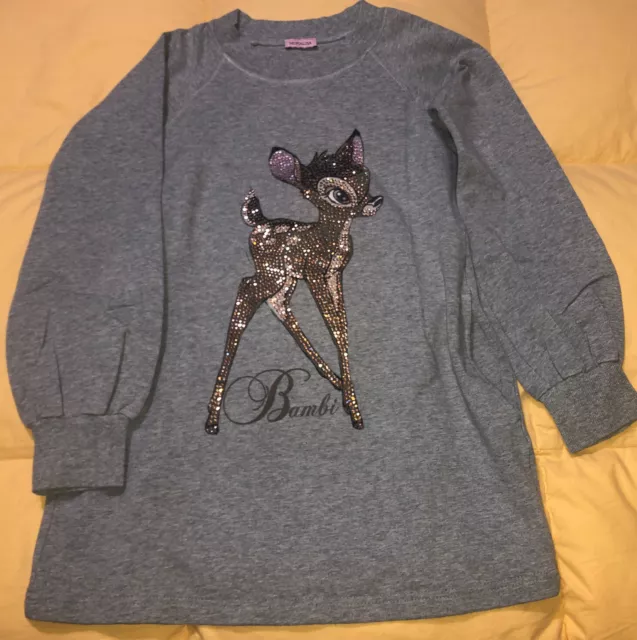 Monnalisa Mini Abito Grigio Stampa Bambi Di Strass Tg.8/10 Anni