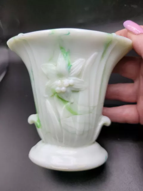 Vintage Akro Agate Green And Milk Glass Slag Glass Vase With Embossed Lily