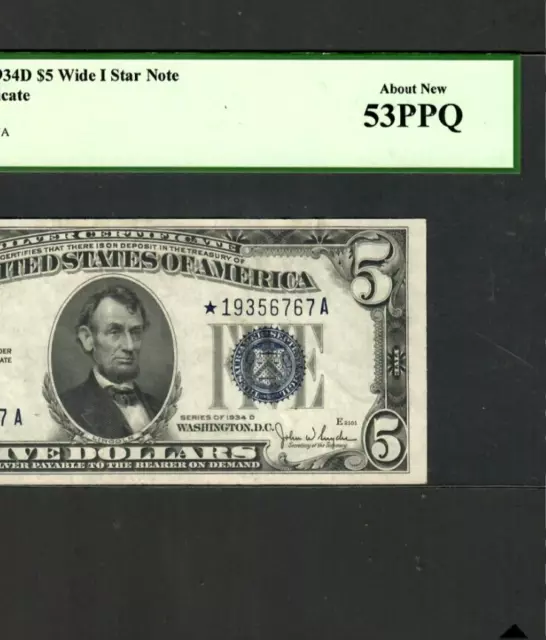 $5 "Star" (1934-D) "Star"(Rare) $5 (1934-D) Star! Star! Star ! (About New 53) !!