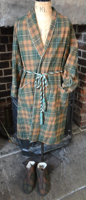 Abito spogliatoio da uomo vintage verde arancione marrone anni '50 '60 fumo cappotto lana