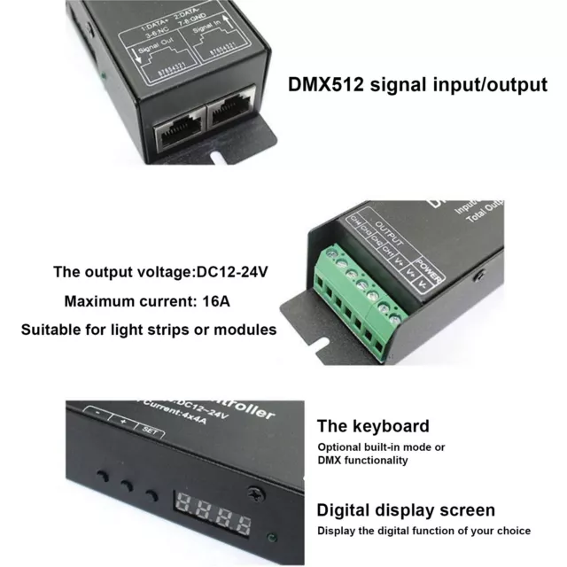 LED RGB DMX512 Decoder Controller DC12-24V 4x4A 16A 4 Kanal Digital PWM Dimmer 3