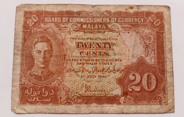 Malaya 20 Cents 1941 George VI "in the Straits Settlements and Malay States"