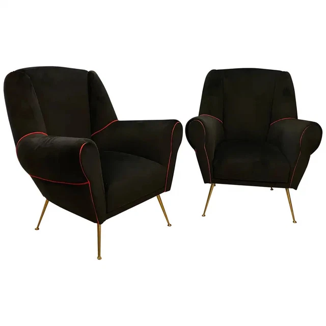 Set Of Two mid-Century Modern Brass And Black Velvet Italian Armchairs, 1950s