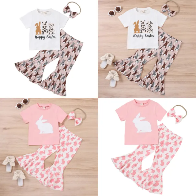 Baby Girls Easter Outfits Rabbit Shirts Bell Bottom Flared Pants Headband Set