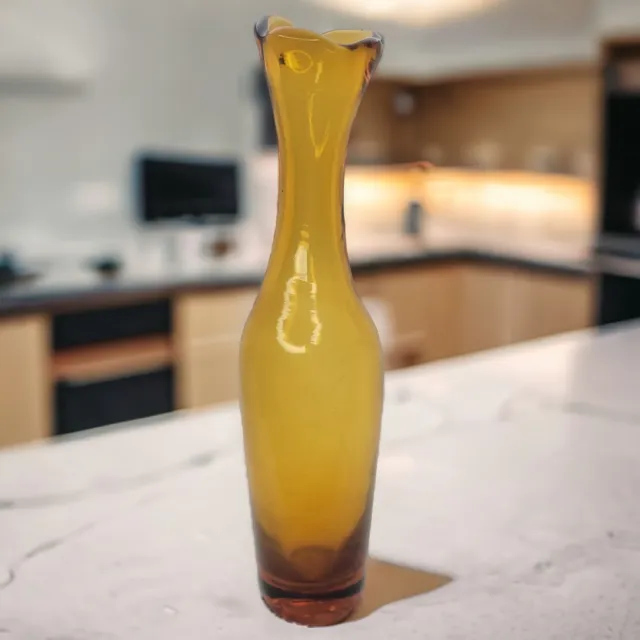 Vintage MCM Ambert Art Glass Vase Hand Blown/Formed Blenko?Ruffle Top Yellow 10"