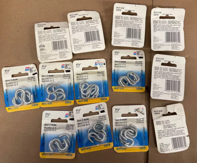 LOT OF 13 National Mfg N121-616 Zinc Plated Steel V2076 Open S Hooks 1-1/2"