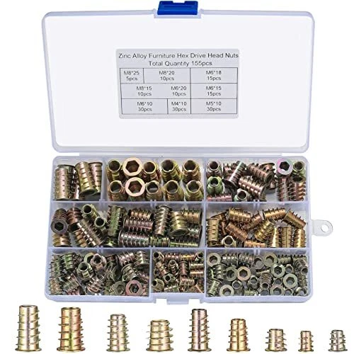 Inserti filettati, 155 pezzi, dado esagonale M4/M5/M6/M8, dadi per legno, (W0T)