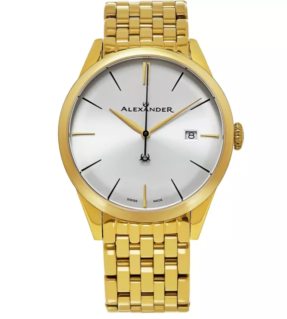 Alexander Mens Swiss Made Yellow Gold Stainless Steel Link Bracelet Quartz Watch