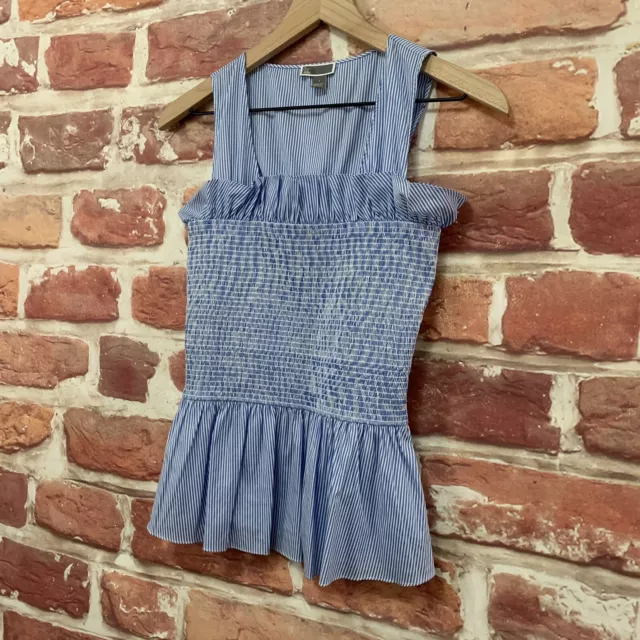 Chelsea 28 Top Womens Small Blue White Striped Ruffle Smocked Sleeveless Blouse 3