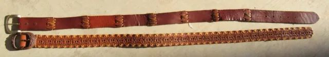 2 Vintage Hippy Boho Tooled Leather Signed 60s 70s Belts Whip Stitch NOS Mint!