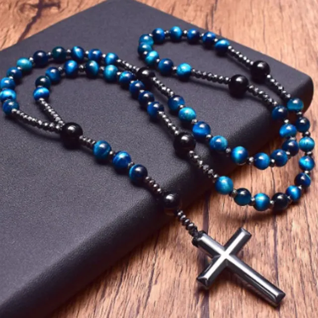 Collana con pendente a croce in ematite di Cristo cattolico perline in preghiera