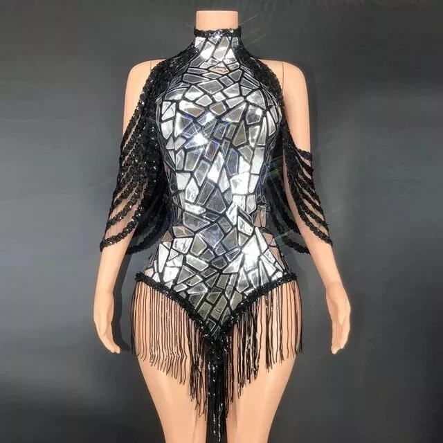 Sexy Backless Mirror Sequins Dress Nightclub Gogo Dancer Stage Costume Outfit