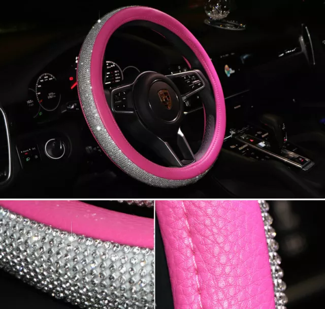 38CM Bling Full Crystal Pinky PU Leather Car & Truck Steering Wheel Cover Pink 2