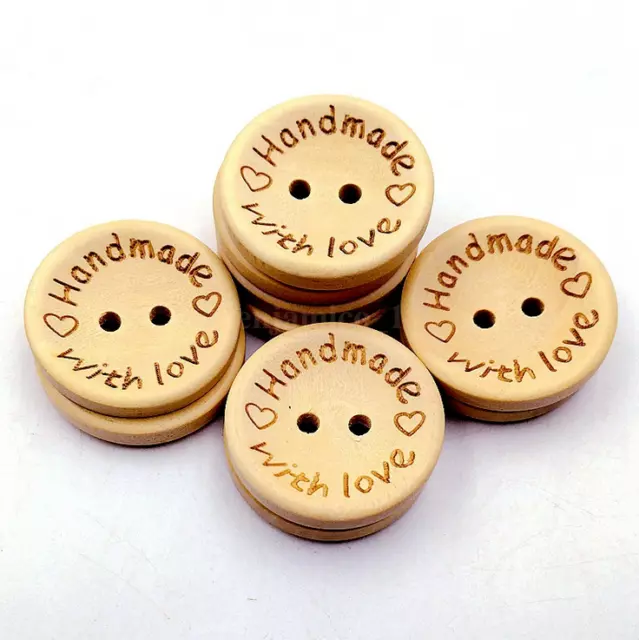 100pcs Natural Wooden Button"Handmade with Love" Buttons Craft Sewing DIY