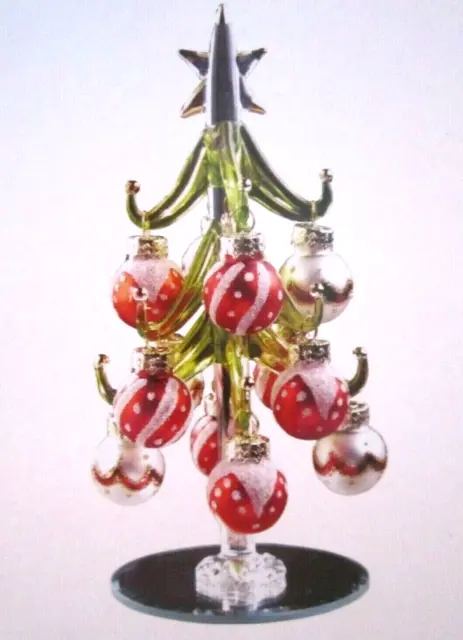 LSArts Crystal Glass Green Tree w/Red Ornament Balls w/Box. NEW. Table Top Mini