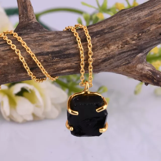 Black Obsidian Raw Gemstone 925 Sterling Silver Gold Plated Pendent Necklace