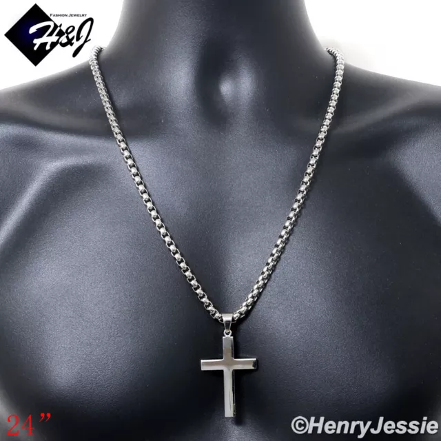 18"-40"MEN Stainless Steel 5mm Silver Box Link Necklace Plain Cross Pendant*P64