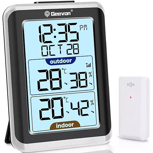 Geevon Indoor Outdoor Thermometer Digital Hygrometer Temperature Gauge with Time