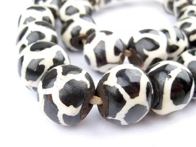 Giraffe Design Batik Bone Beads Sphere 25mm Kenya African Black and White Round