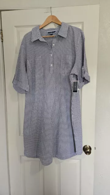 Women's Karen Scott Plus Size 3X Blue Striped Cotton Pullover Shirt Dress NWT